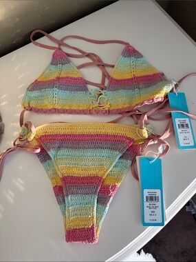 Beach Bunny Multicolor Pastel Crochet Bikini - Pink Yellow Blue